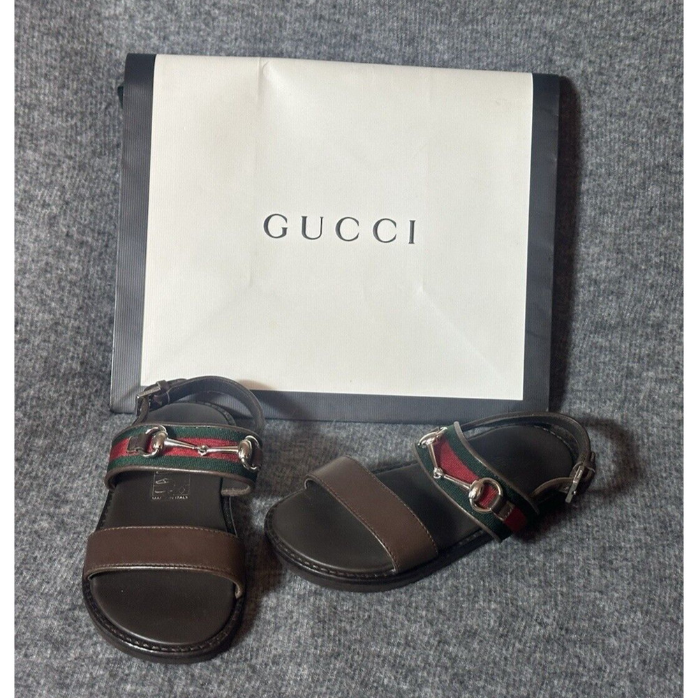 Gucci Sandals Toddler 8C US 24 EU Brown Leather Horsebit Green Red Stripe Open